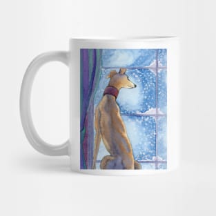 A greyhound dog admires the snowfall from his nice warm seat inside Mug